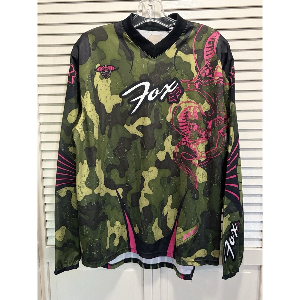 Fox Camo Men's Shirt‎ Logo Size Large Green/Pink Long Sleeve Slits